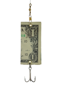 A dollar bill hanging from the side of a chain.